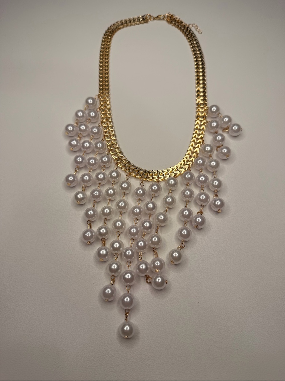 Gold-Tone Layered Pearl Bib Necklace - White Pearls - Picture 7 of 10